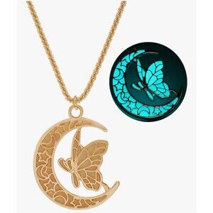 Glowing Butterfly Crescent Moon Pendant Gold Blue Green Chain Necklace Keepsake